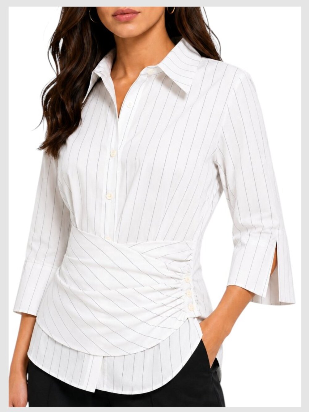 Finley Kenny Shirt White Black Pinstripe Wrap Waist XL